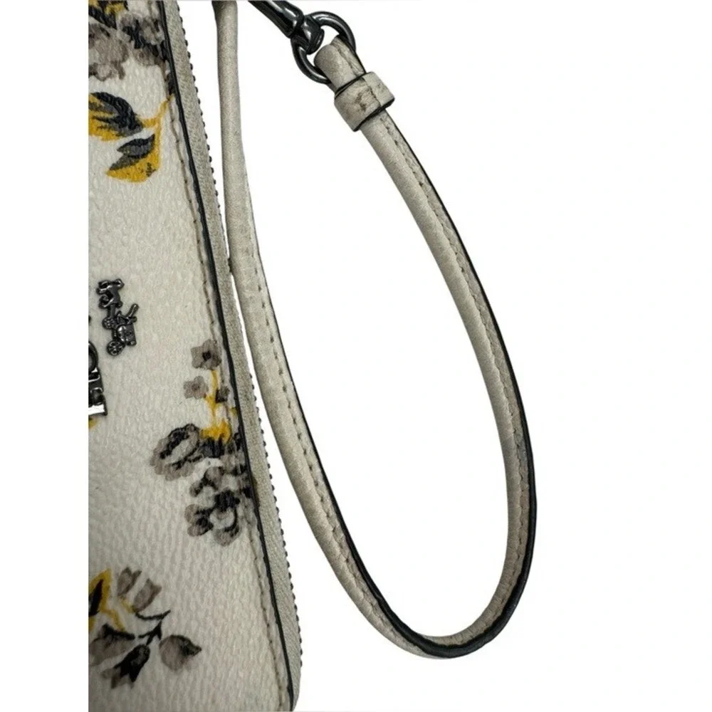 Coach Floral Mini Wristlet Cream Yellow Black Rose Print Zip Pouch